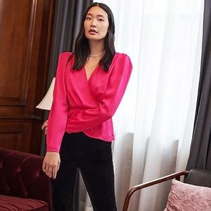 NWOT FLAMINGO PINK EXPRESS SATIN FAUX WRAP FRONT PEPLUM TOP